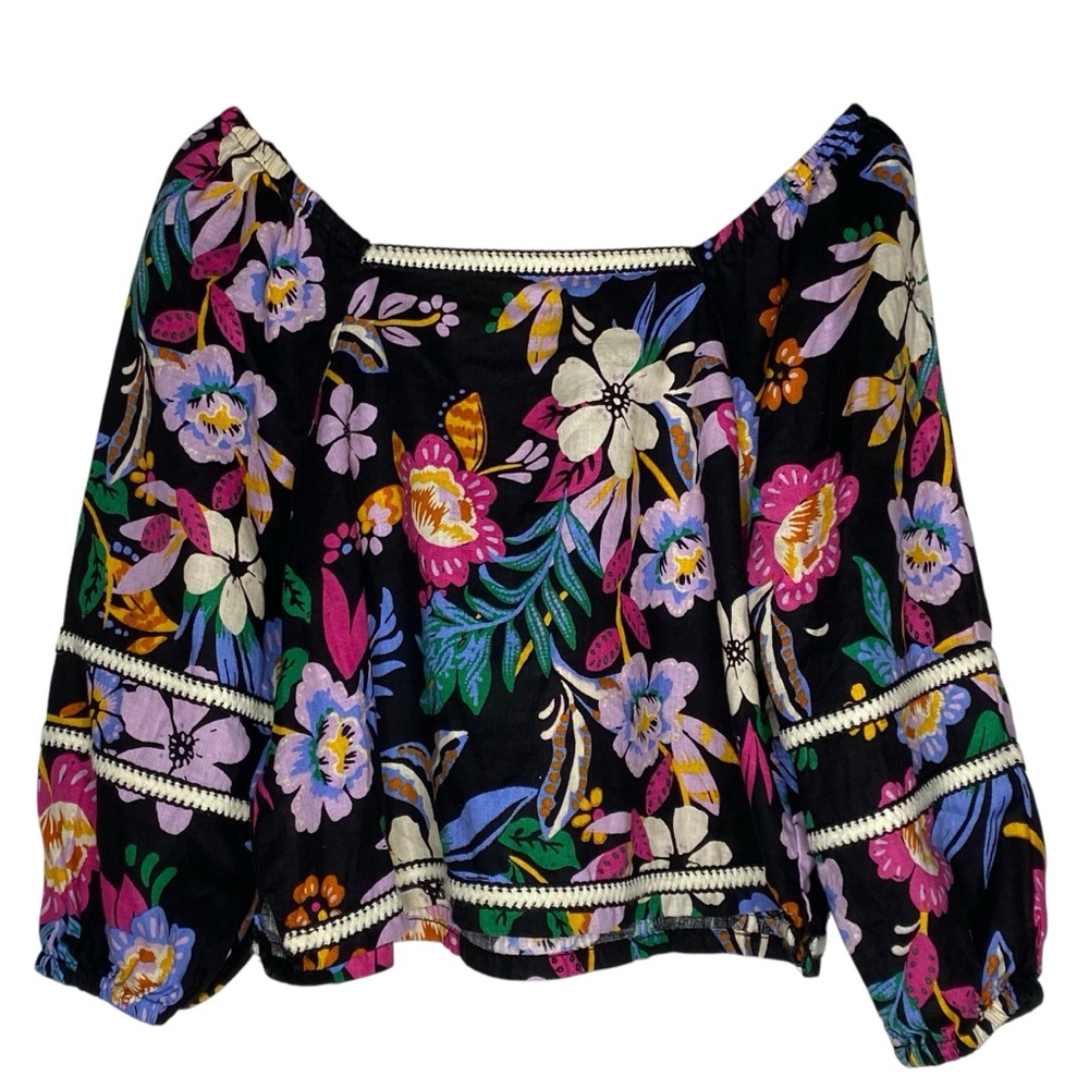 C & C California 100% Linen Cropped Blouse Tropical Black Floral Size Small